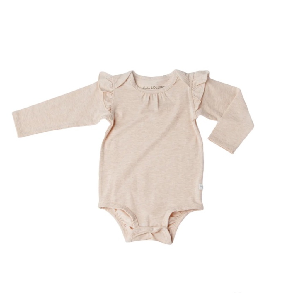 Lou Lou lollipop long sleeve ruffle body suit in heather oatmeal size 0-3 months